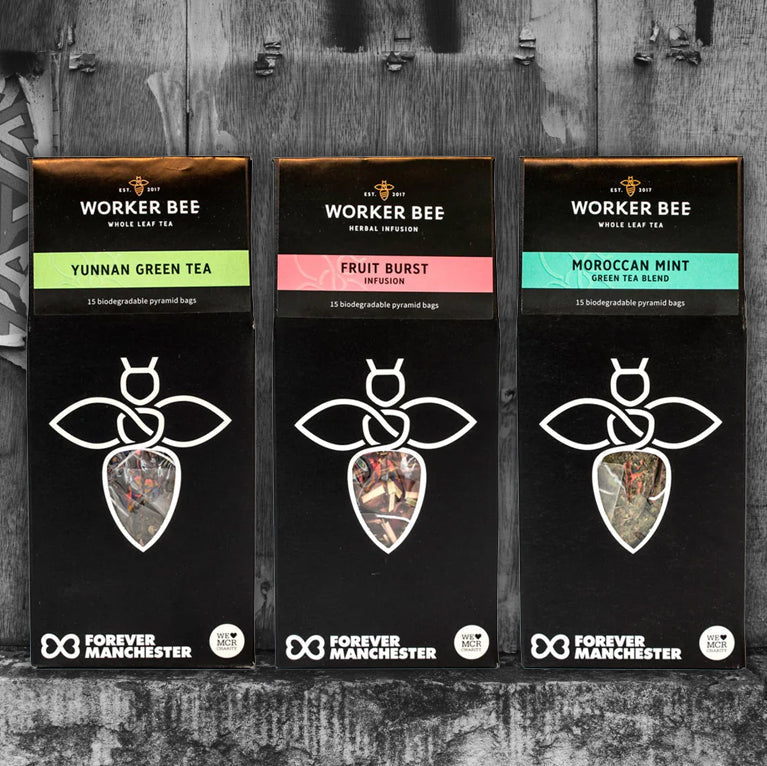 Worker Bee Tea, three flavours, Green Tea, Fruit tea and Mint Tea