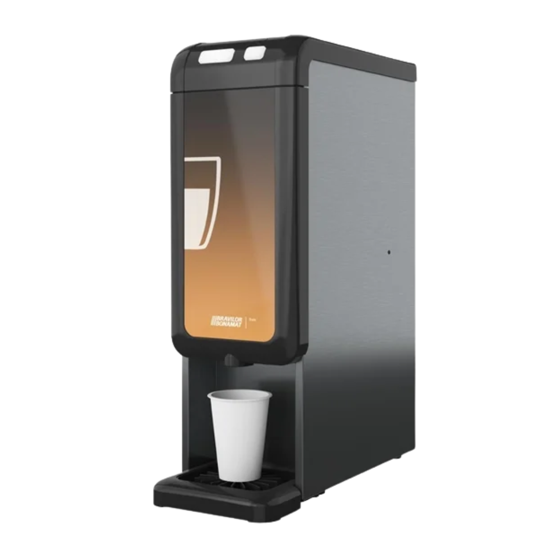 Black coffee machine with a white cup on a white background