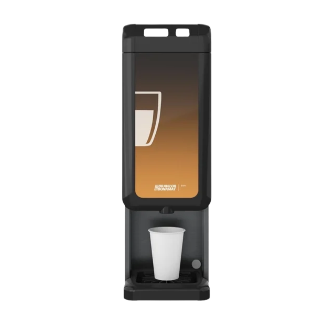 Black coffee machine with a white cup on a white background