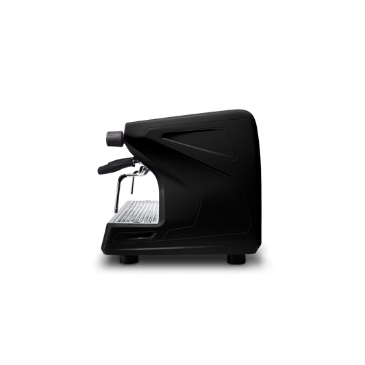 The Rancilio Classe 5 Compact 2 Group Tall Traditional Machine in black by Worker Bee Tea & Coffee features a sleek, modern design with clean lines and Steady Brew technology, shown in a side profile against a plain background.