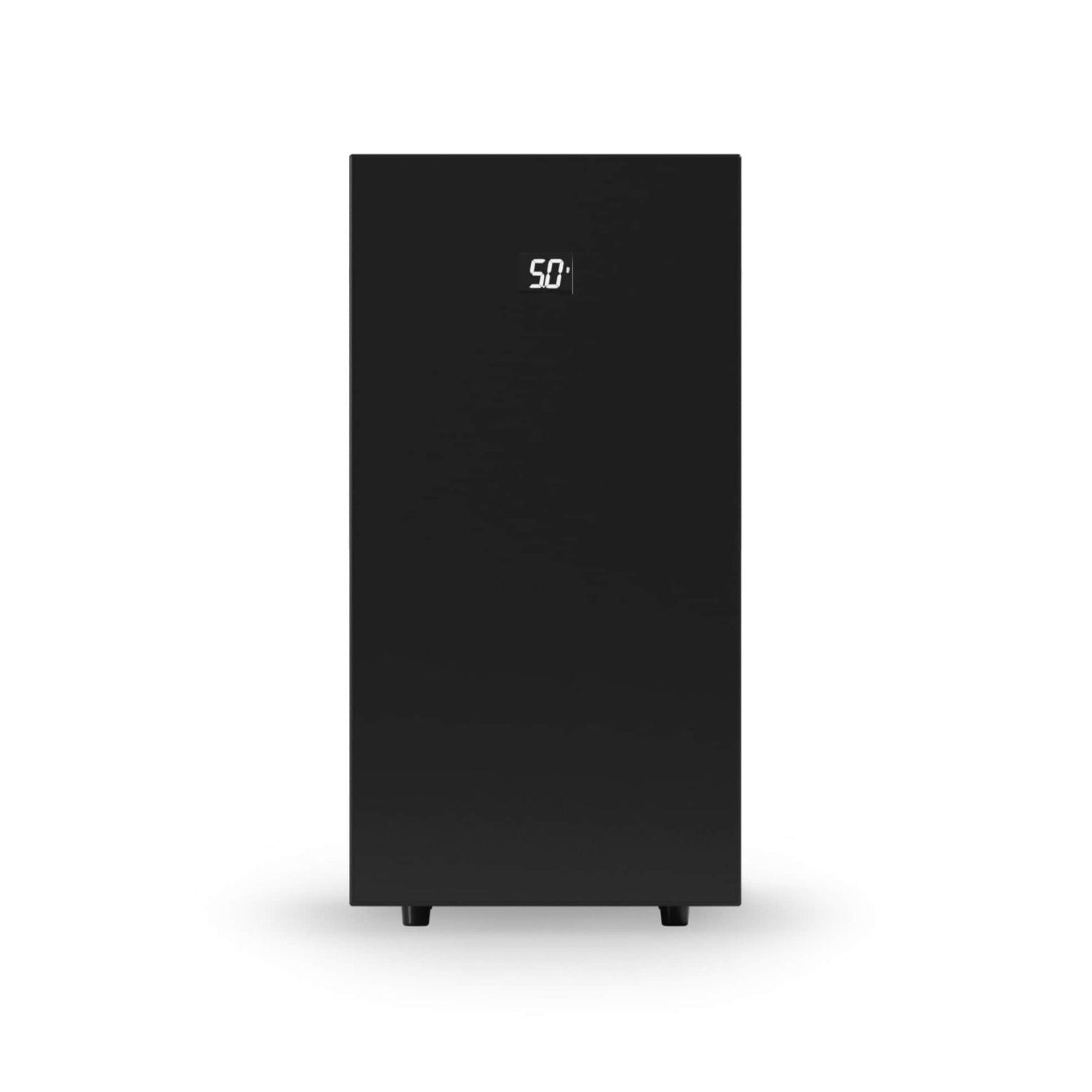Black electronic device with a logo on a white background