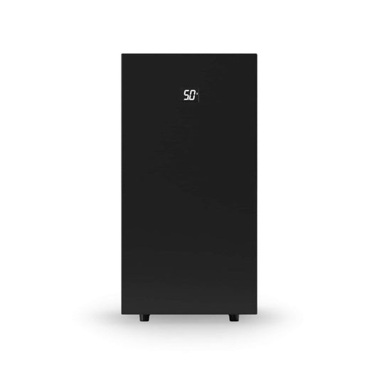 Black electronic device with a logo on a white background