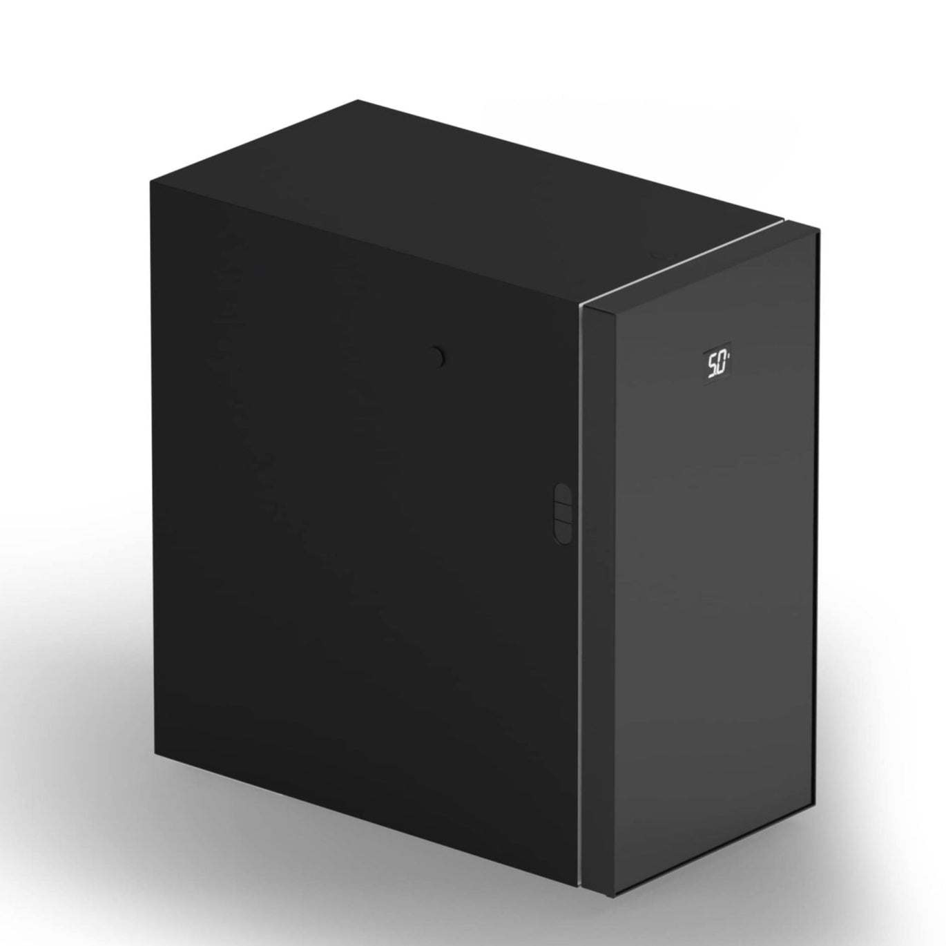 Black rectangular box with a brand logo on a white background