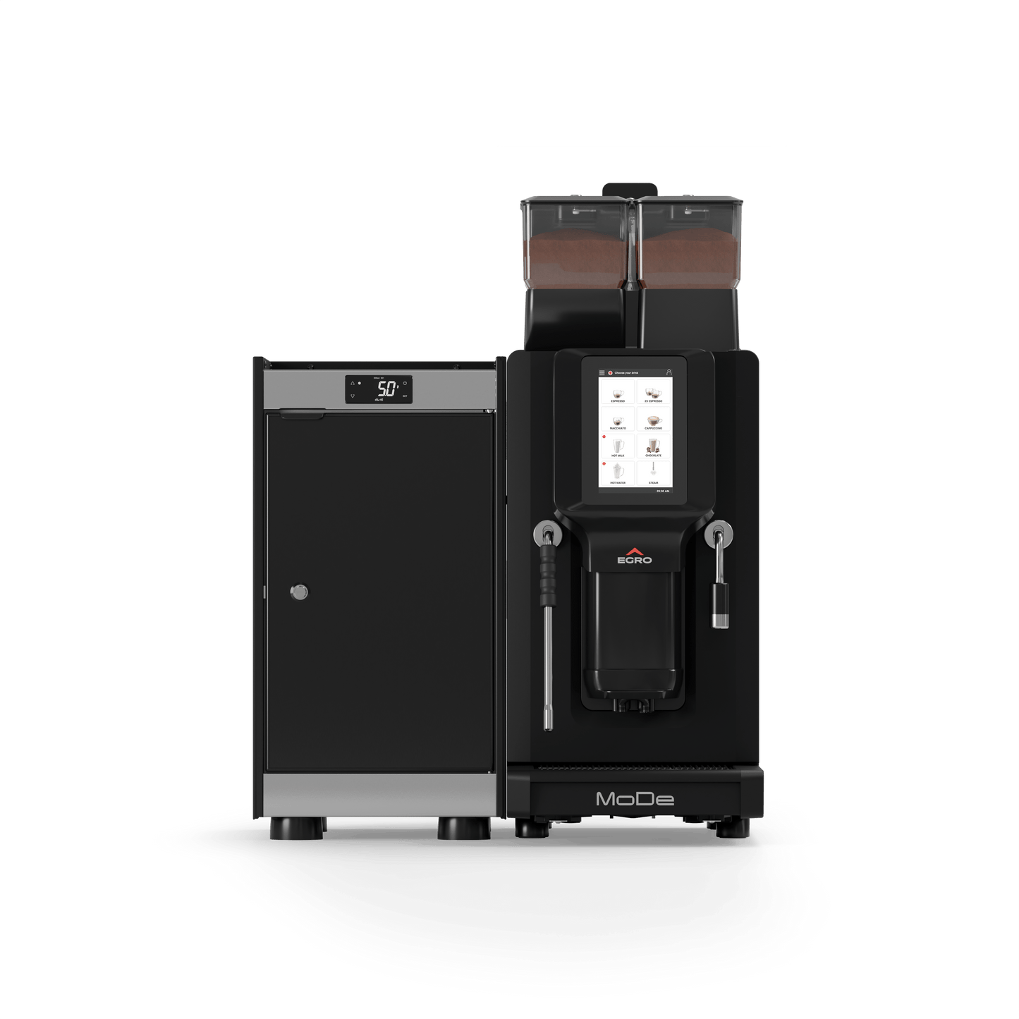 Black coffee machine with digital display on a white background