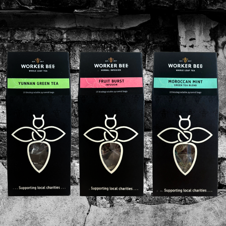 Worker Bee Tea, three flavours, Green Tea, Fruit tea and Mint Tea