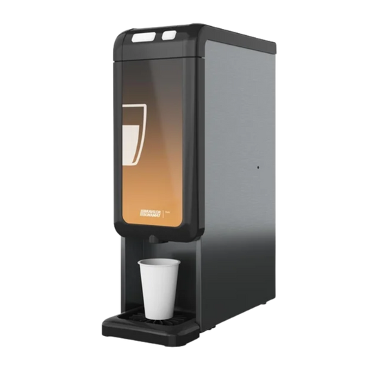 Black coffee machine with a white cup on a white background