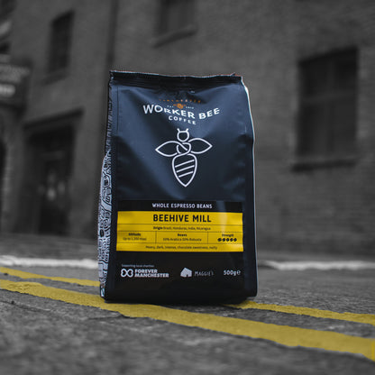Coffee bag with 'Worker Bee' branding  in manchester beehive mill