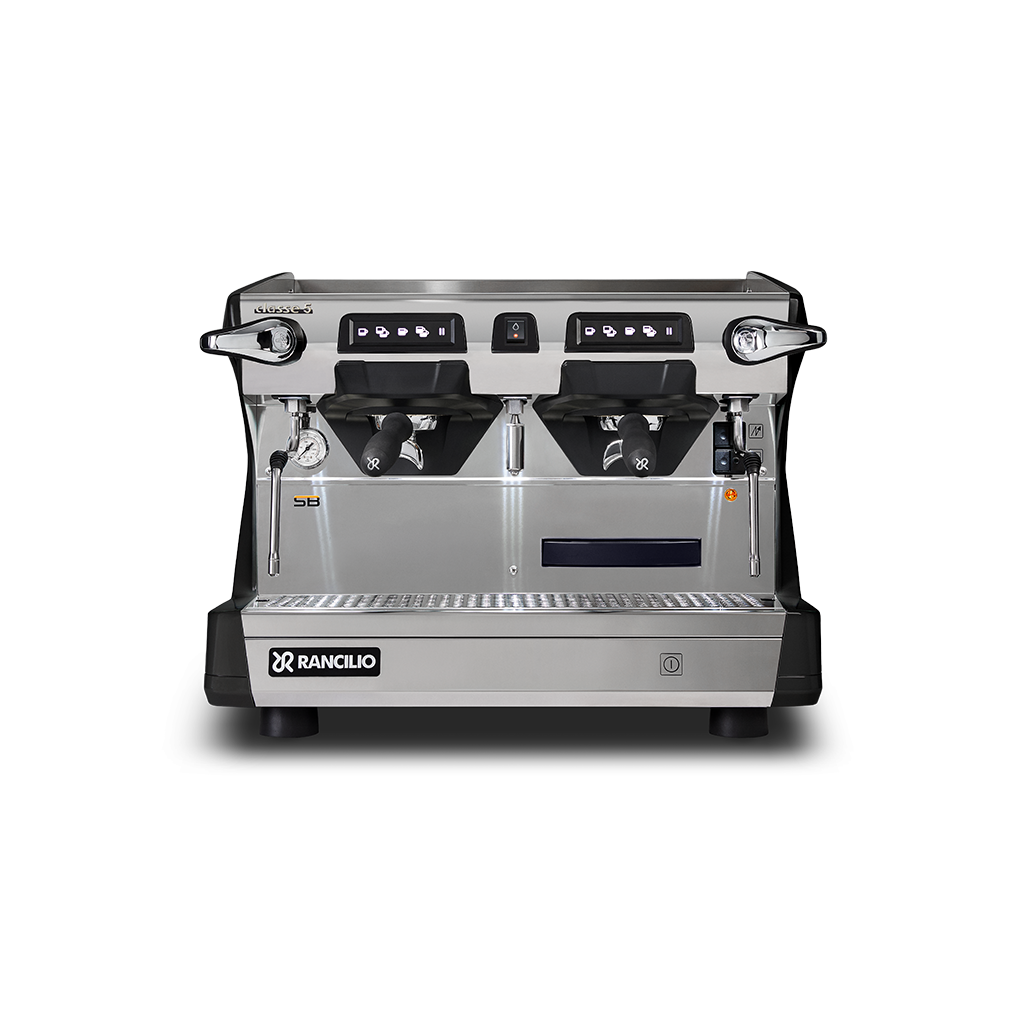 The BLACK Rancilio Classe 5 Compact 2 Group Tall Traditional Machine by Worker Bee Tea & Coffee features Steady Brew tech, dual group heads, two steam wands, and a drip tray, shown front-facing against a white background.