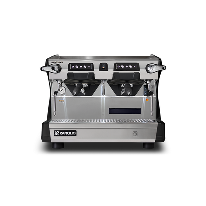 The BLACK Rancilio Classe 5 Compact 2 Group Tall Traditional Machine by Worker Bee Tea & Coffee features Steady Brew tech, dual group heads, two steam wands, and a drip tray, shown front-facing against a white background.