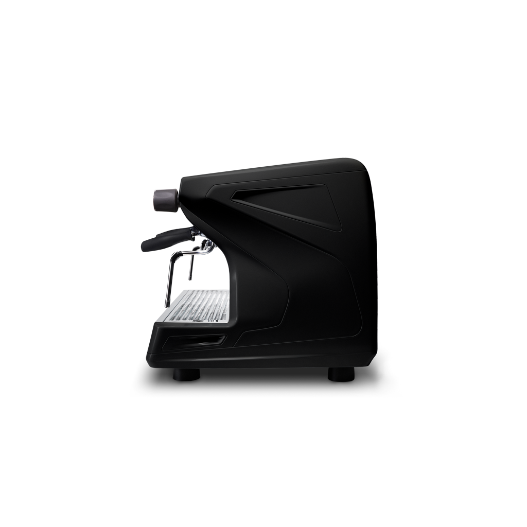The Rancilio Classe 5 Compact 2 Group Tall Traditional Machine in black by Worker Bee Tea & Coffee features a sleek, modern design with clean lines and Steady Brew technology, shown in a side profile against a plain background.