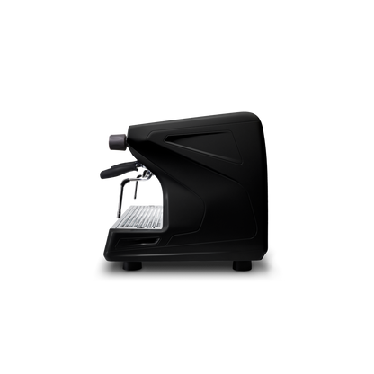 The Rancilio Classe 5 Compact 2 Group Tall Traditional Machine in black by Worker Bee Tea & Coffee features a sleek, modern design with clean lines and Steady Brew technology, shown in a side profile against a plain background.