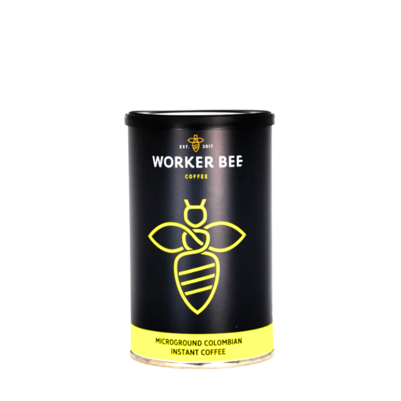 Black canister of Worker Bee Colombian Instant Coffee with yellow bee logo on a white background
