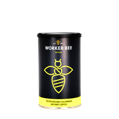 Black canister of Worker Bee Colombian Instant Coffee with yellow bee logo on a white background