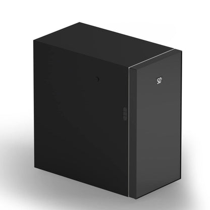 Black rectangular box with a brand logo on a white background
