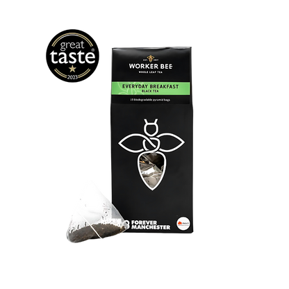 Worker Bee Everyday Breakfast black tea packaging with a Great Taste award badge on a white background
