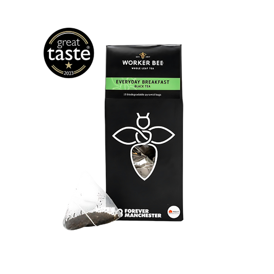 Worker Bee Everyday Breakfast black tea packaging with a Great Taste award badge on a white background