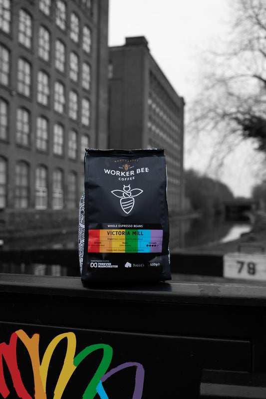 A 500g bag of Victoria Mill Espresso Beans from Worker Bee Tea & Coffee with a vibrant label rests on a black ledge by a canal, surrounded by brick mills and trees in black and white, except for the coffee bag and rainbow on the ledge.