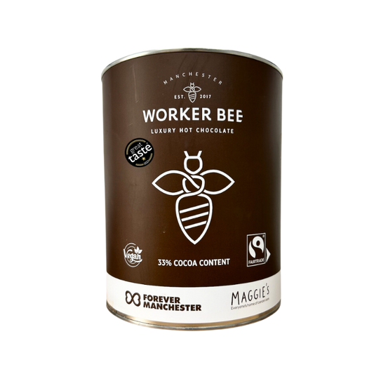Worker Bee luxury hot chocolate canister on a white background