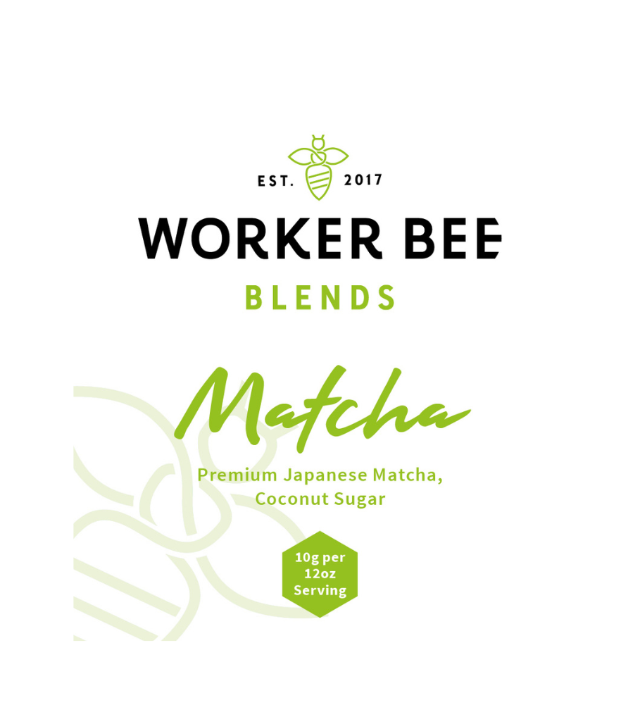 Worker Bee Blends Matcha packaging with branding and product details on a white background