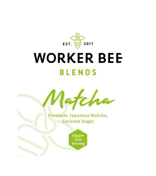 Worker Bee Blends Matcha packaging with branding and product details on a white background