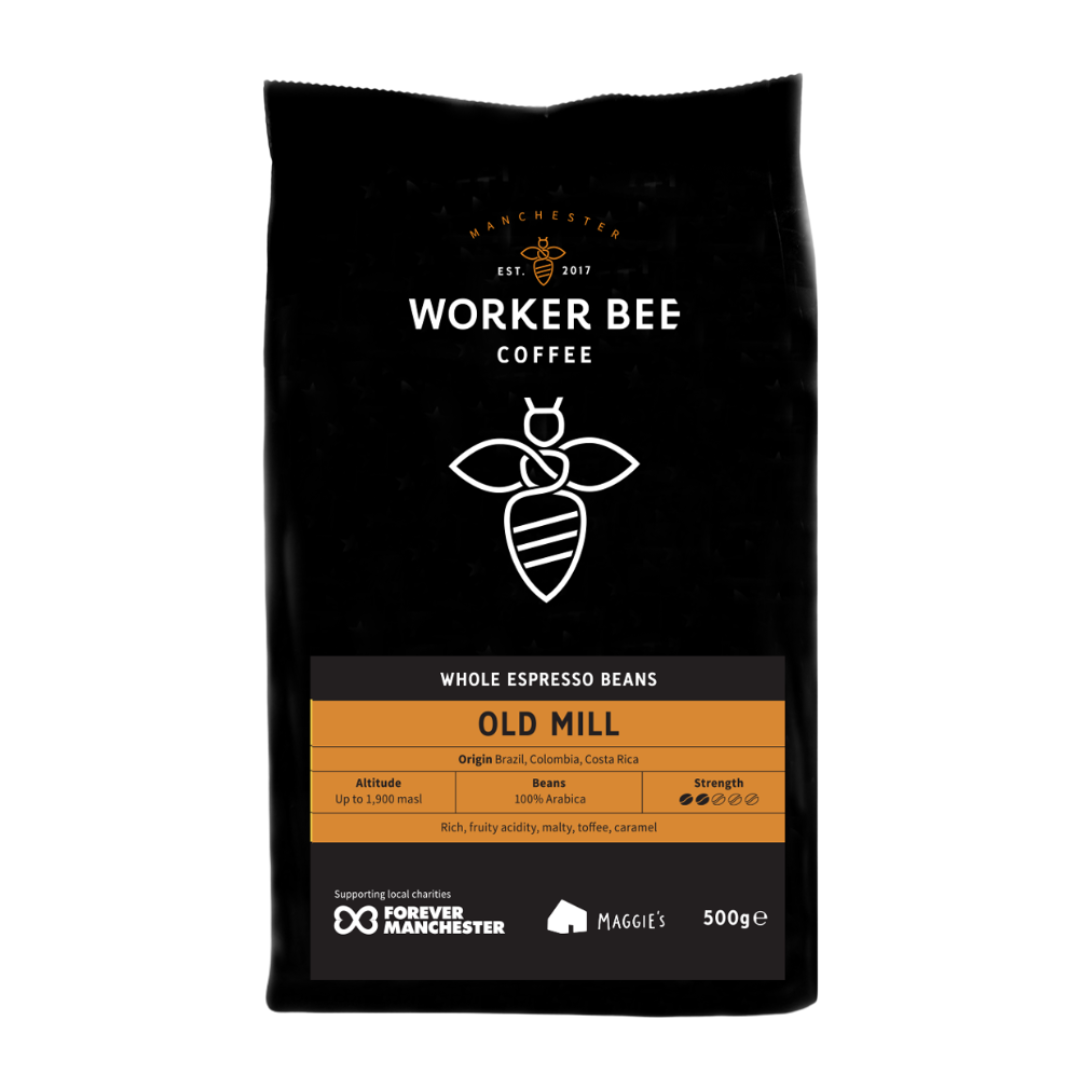 Manchester Worker Bee Coffee Espresso bean package with black background and white text