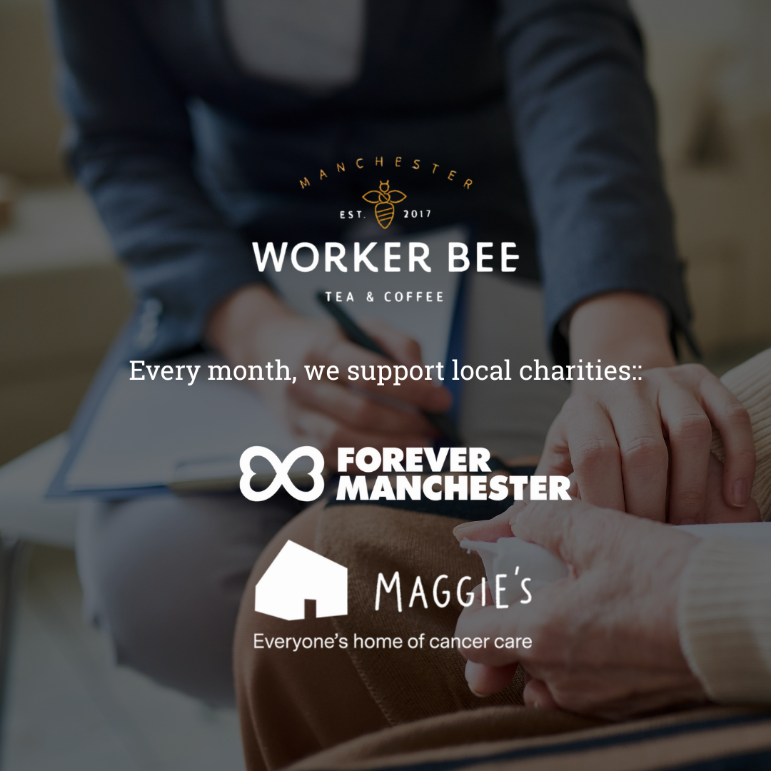 Two people sitting together with a Manchester Worker Bee logo and support for local charities displayed.