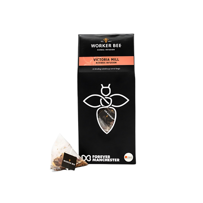 Manchester Worker Bee tea package with a bee logo on a white background