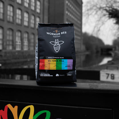 Worker Bee Manchester rainbow branded coffee bag