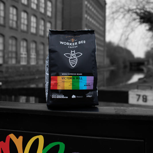 Worker Bee Manchester rainbow branded coffee bag